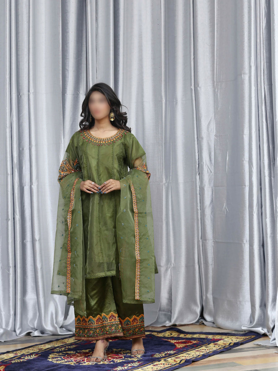 3 Piece stitched Luxury Pret Embroidered Organza Suit - LS-30