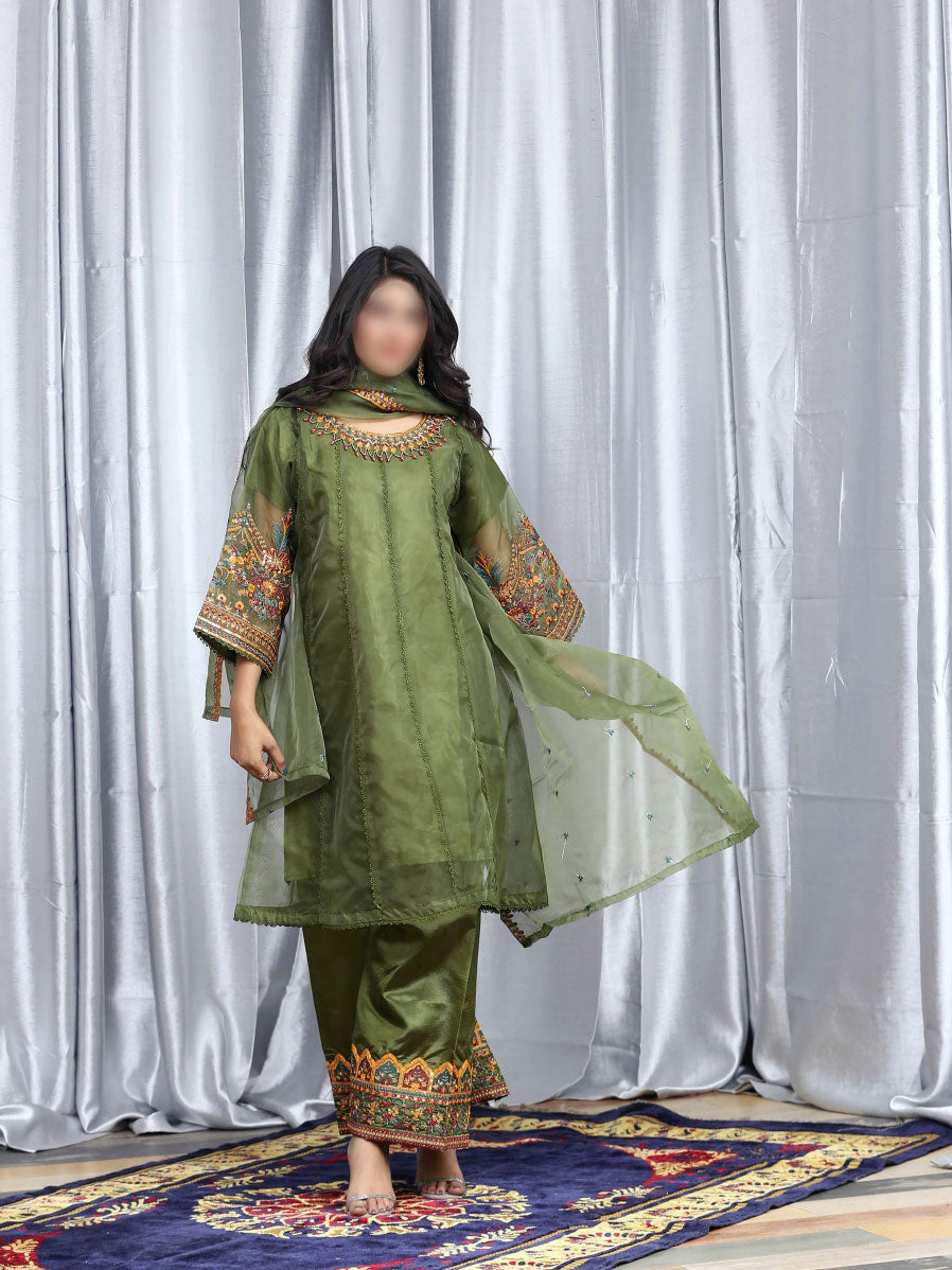 3 Piece stitched Luxury Pret Embroidered Organza Suit - LS-30