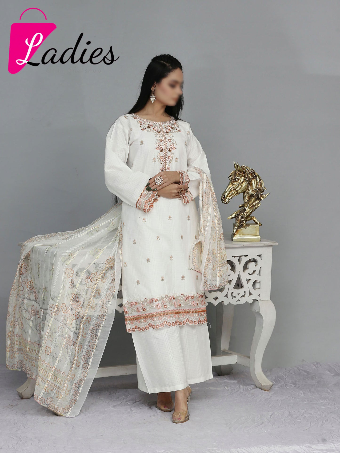 3 PIECE Cotton  EMBROIDERED KHADDI NET SUIT - CK-71