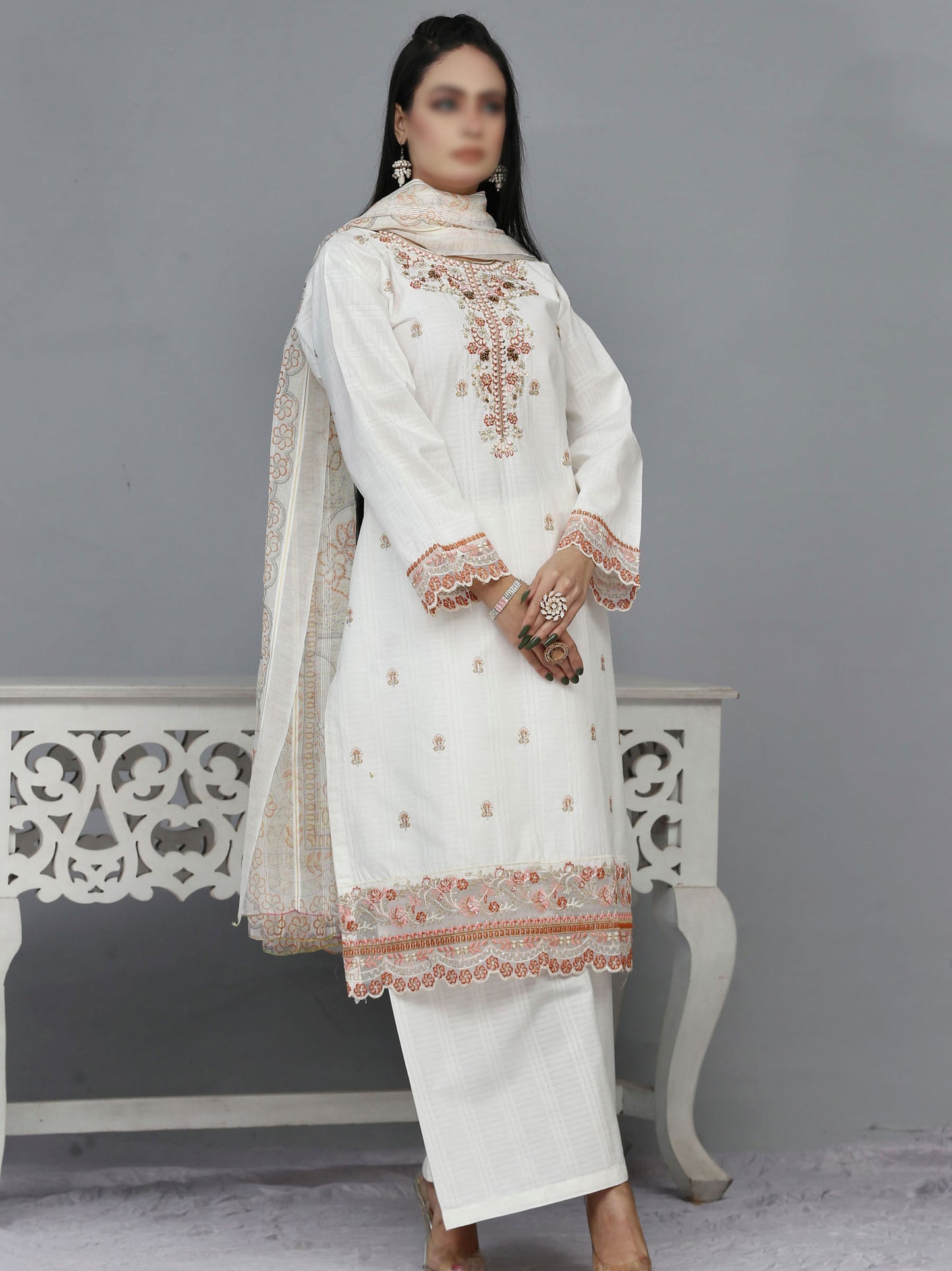 3 PIECE Cotton  EMBROIDERED KHADDI NET SUIT - CK-71