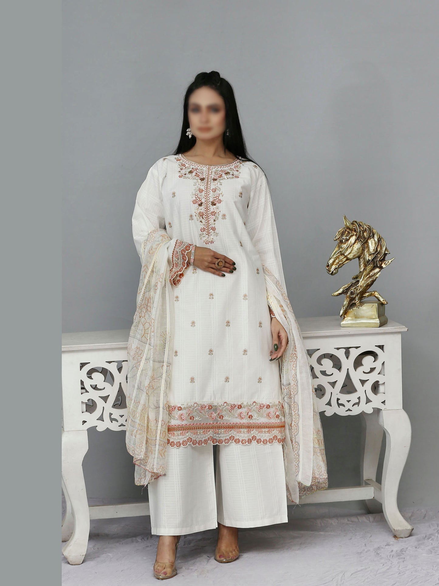 3 PIECE Cotton  EMBROIDERED KHADDI NET SUIT - CK-71