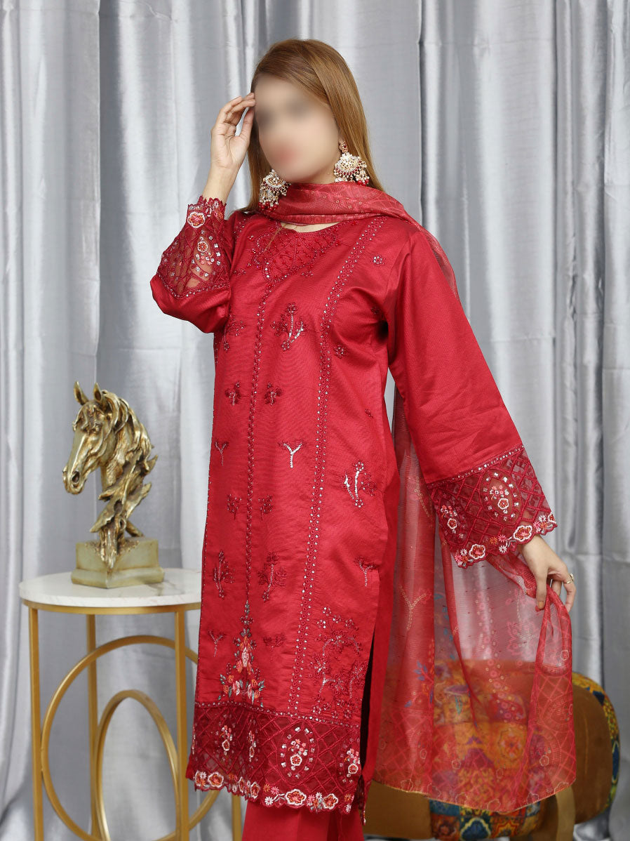 3 Piece stitched Embroidered Dastak Cotton Suit - DS-215