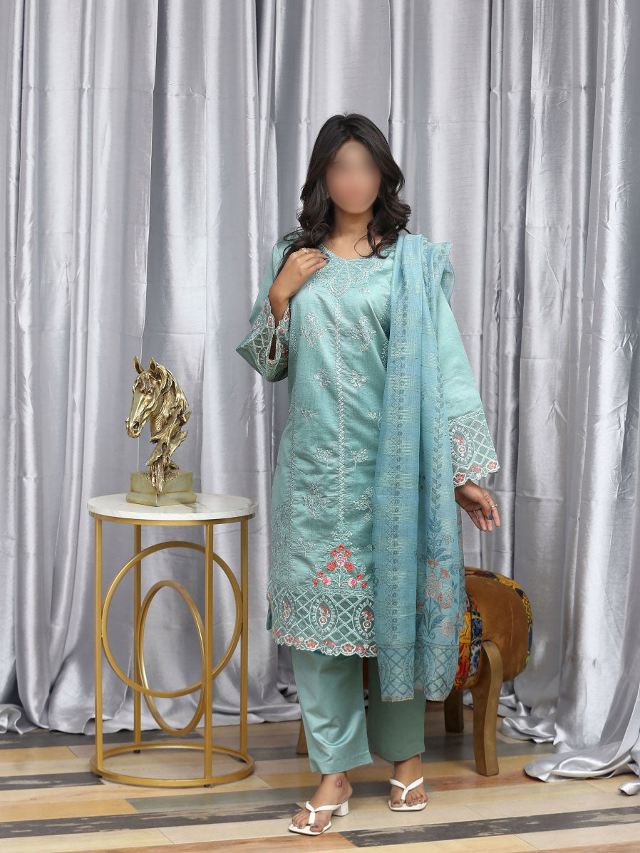 3 Piece stitched Embroidered Dastak Cotton Suit - DS-215