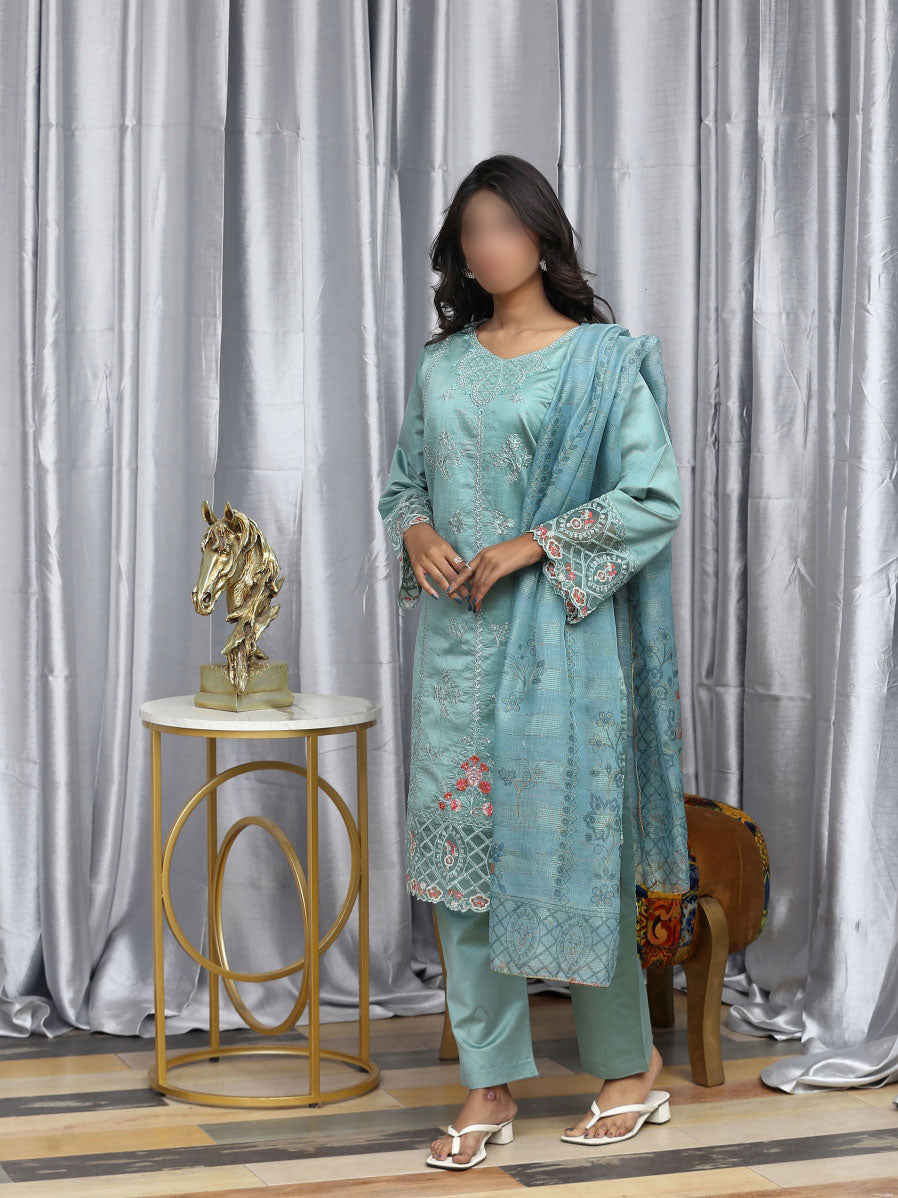 3 Piece stitched Embroidered Dastak Cotton Suit - DS-215