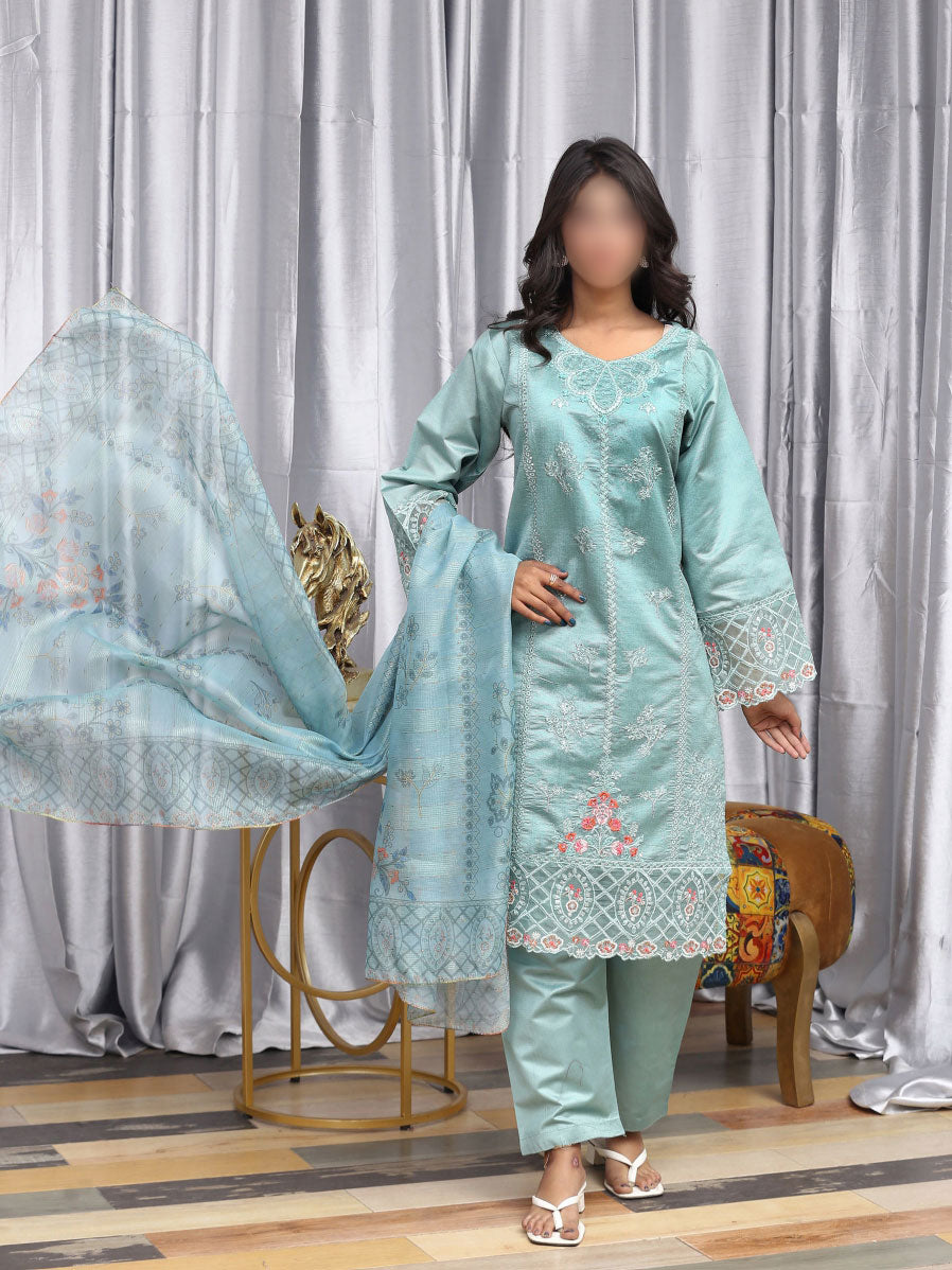 3 Piece stitched Embroidered Dastak Cotton Suit - DS-215