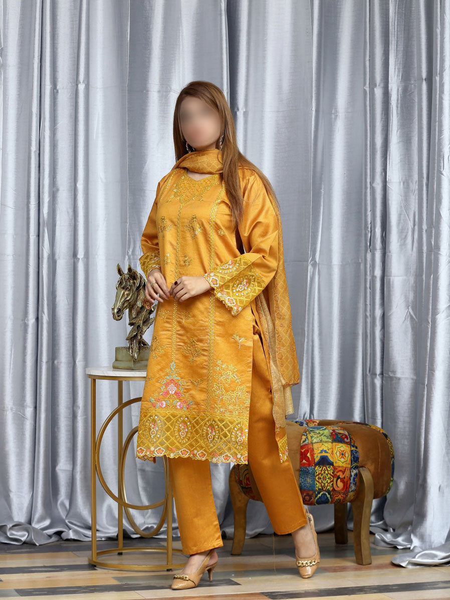 3 Piece stitched Embroidered Dastak Cotton Suit - DS-215