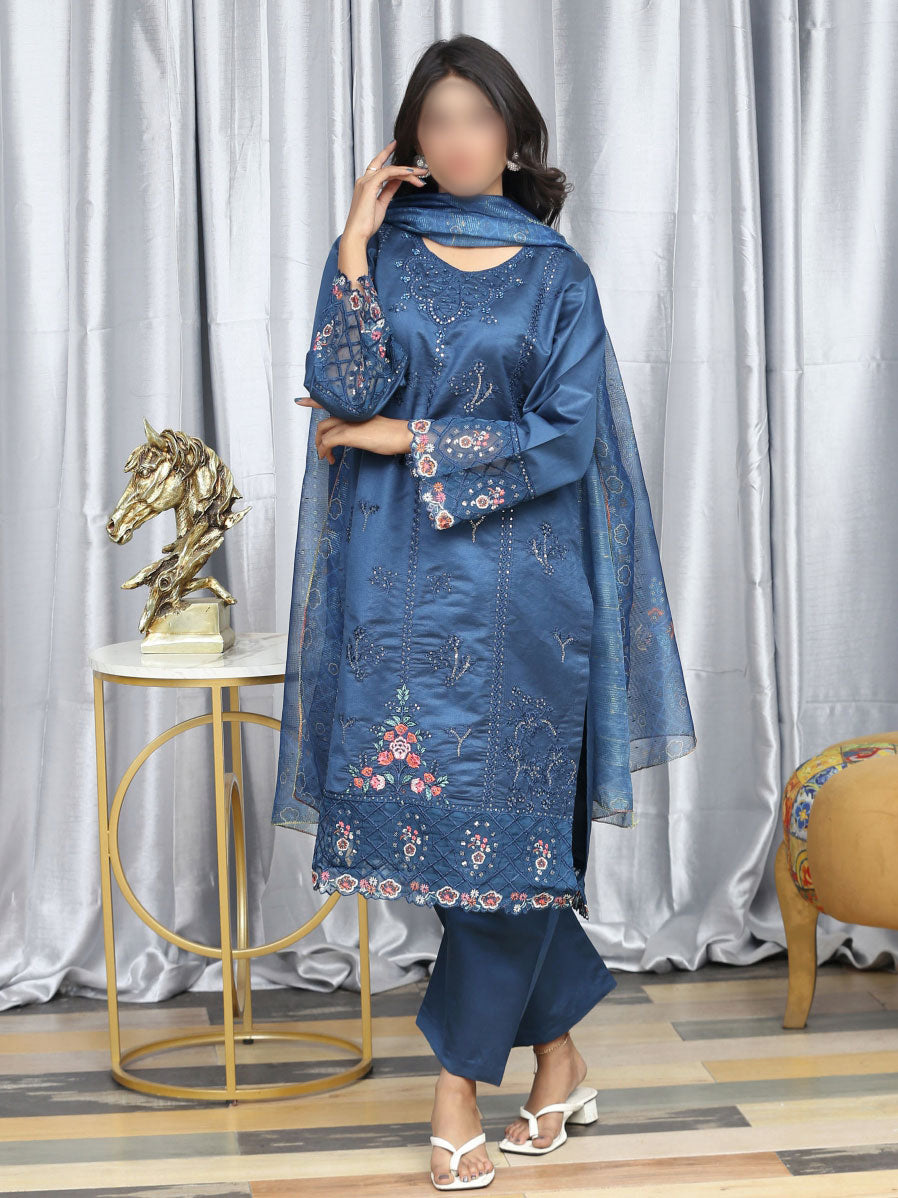 3 Piece stitched Embroidered Dastak Cotton Suit - DS-215