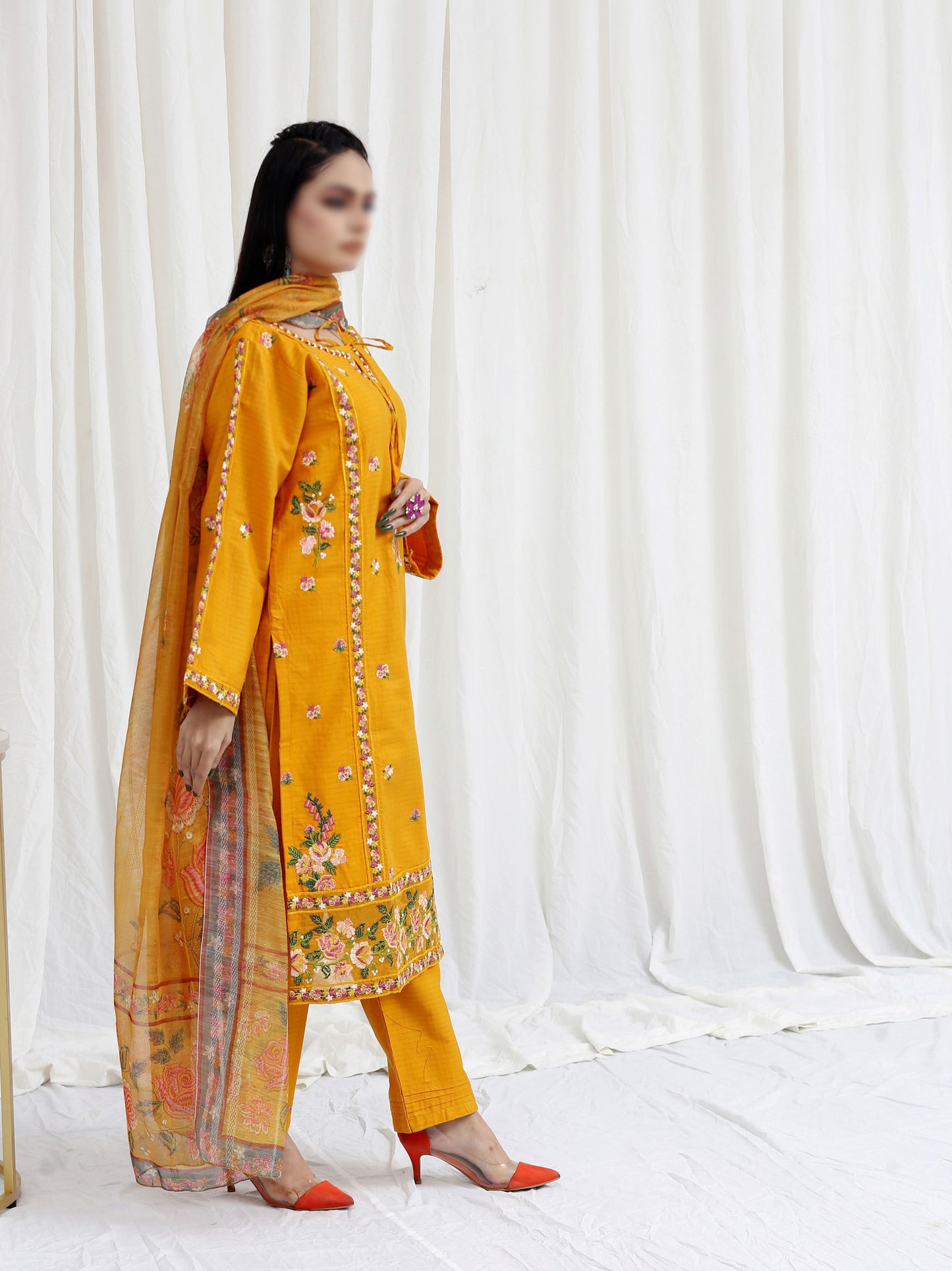 3 Piece stitched Suit Embroidered with Chiffon Dupatta ML-06